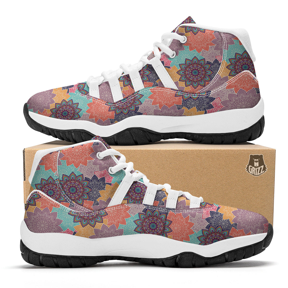Mandala Sunflower White Bball Shoes-grizzshop