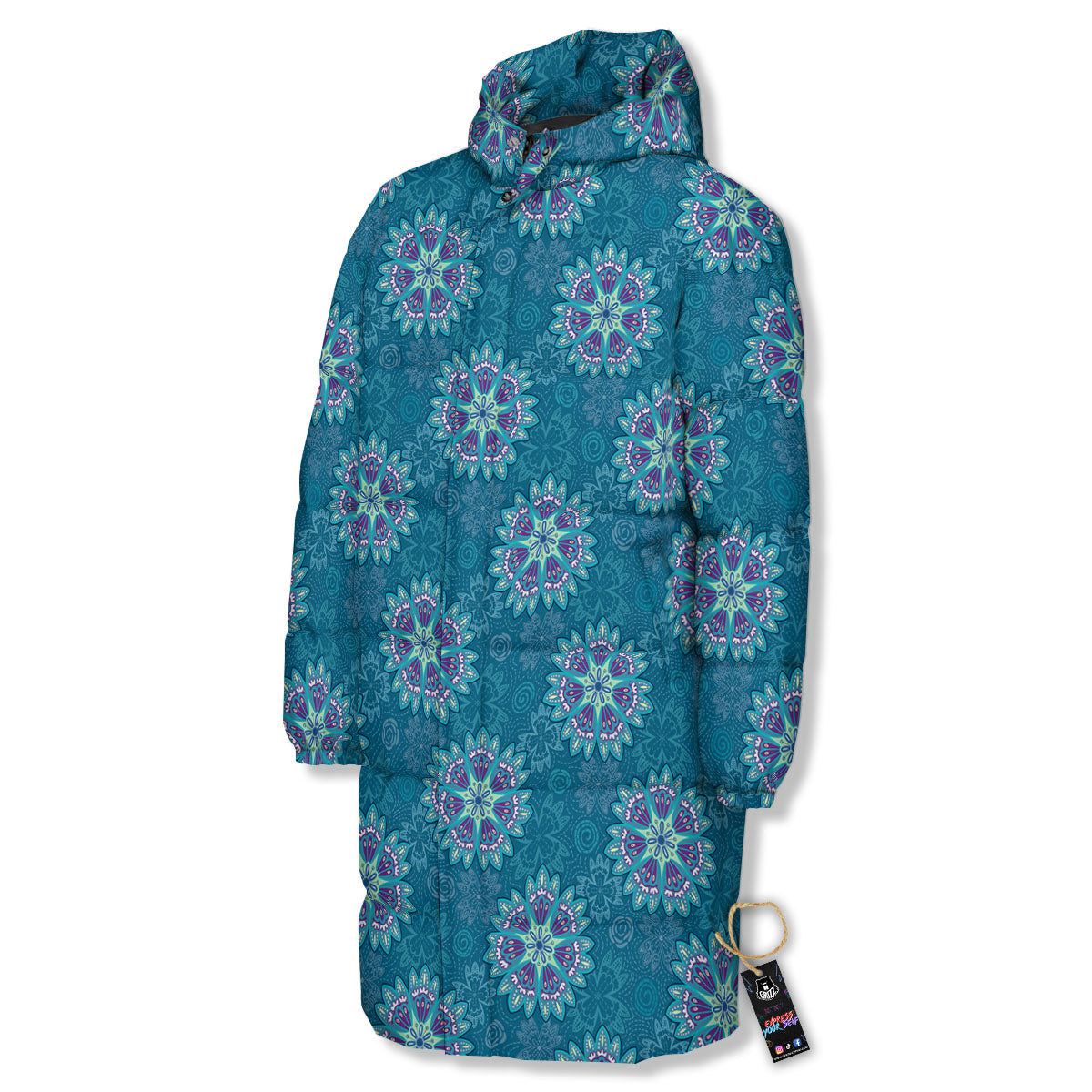 Mandala Teal And Purple Print Pattern Long Down Jacket-grizzshop