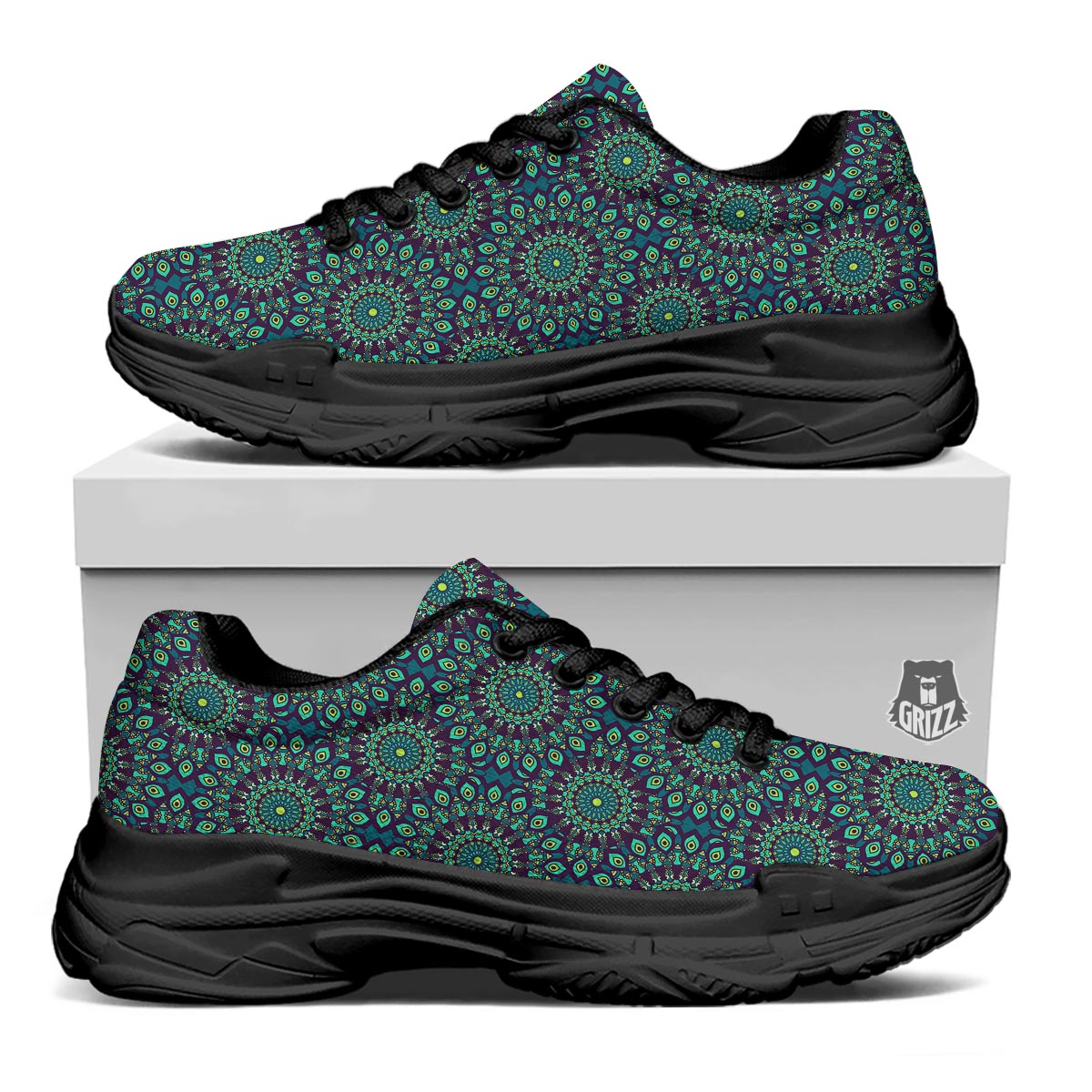 Mandala Teal Bohemian Print Pattern Black Chunky Shoes-grizzshop