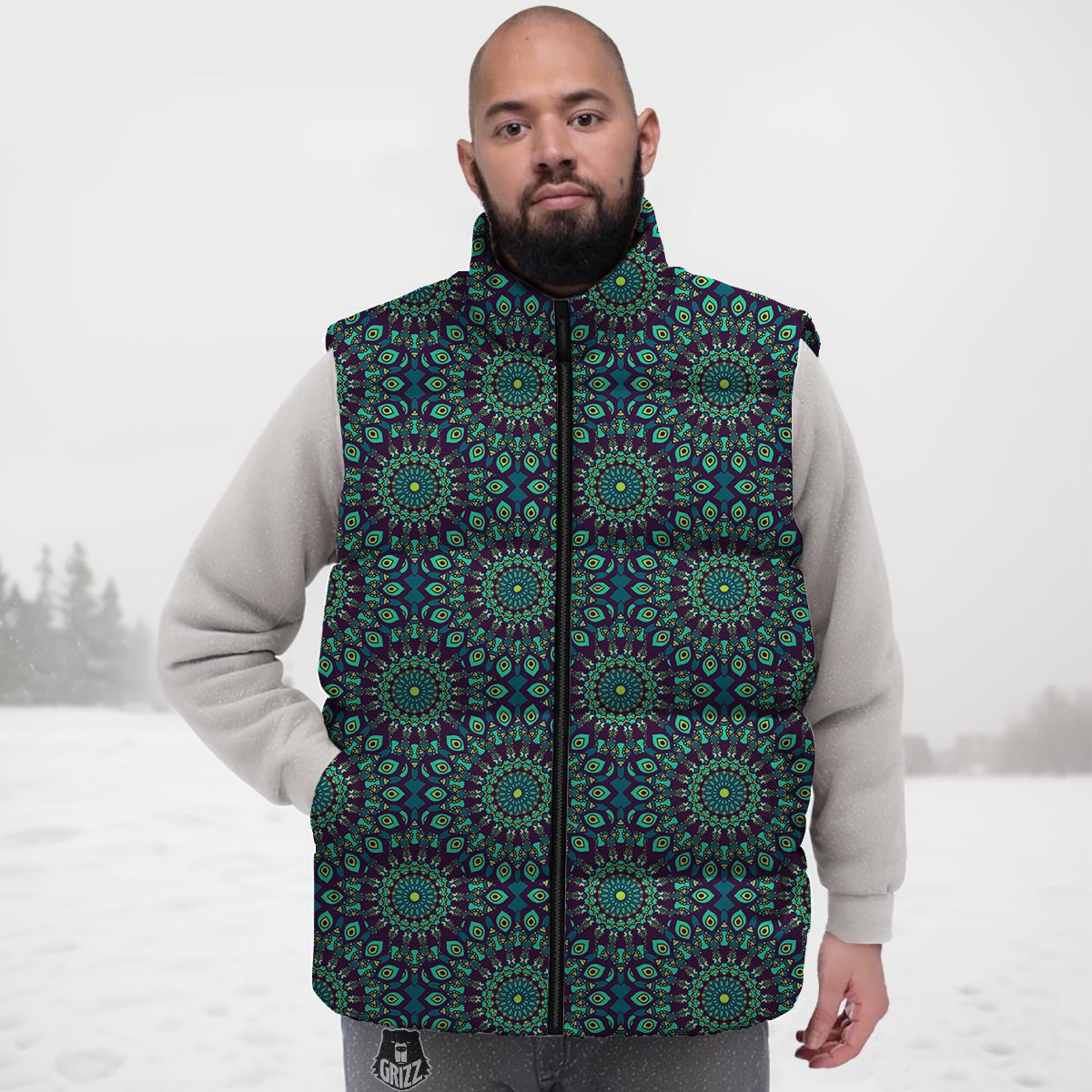Mandala Teal Bohemian Print Pattern Down Vest