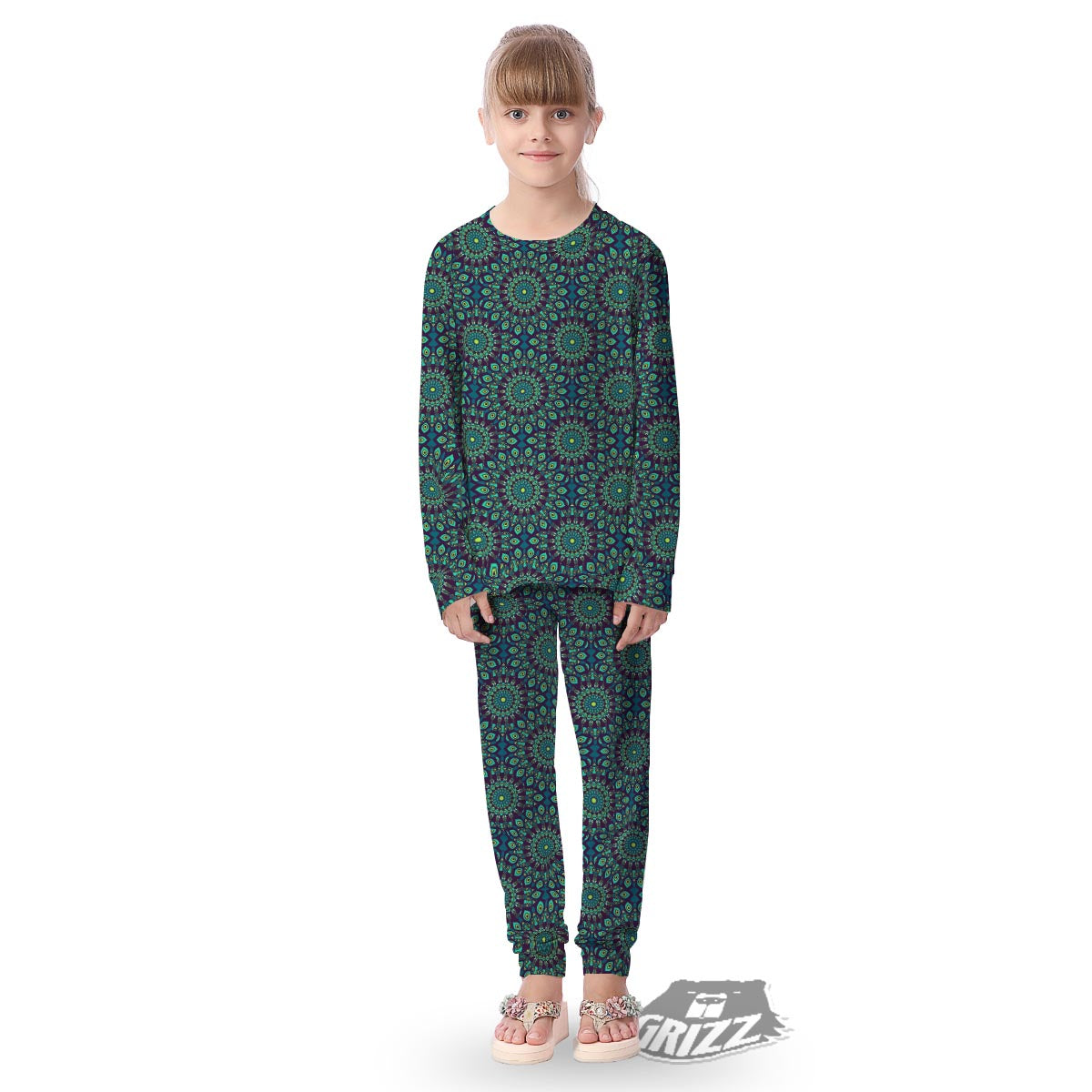 Mandala Teal Bohemian Print Pattern Kid's Pajamas-grizzshop