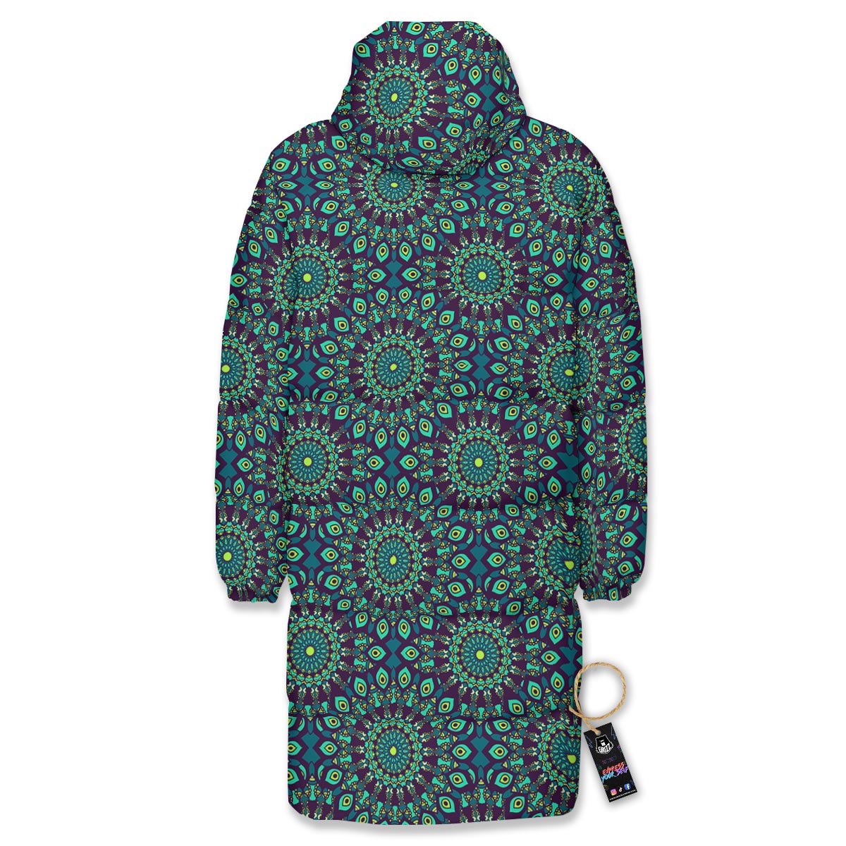 Mandala Teal Bohemian Print Pattern Long Down Jacket-grizzshop