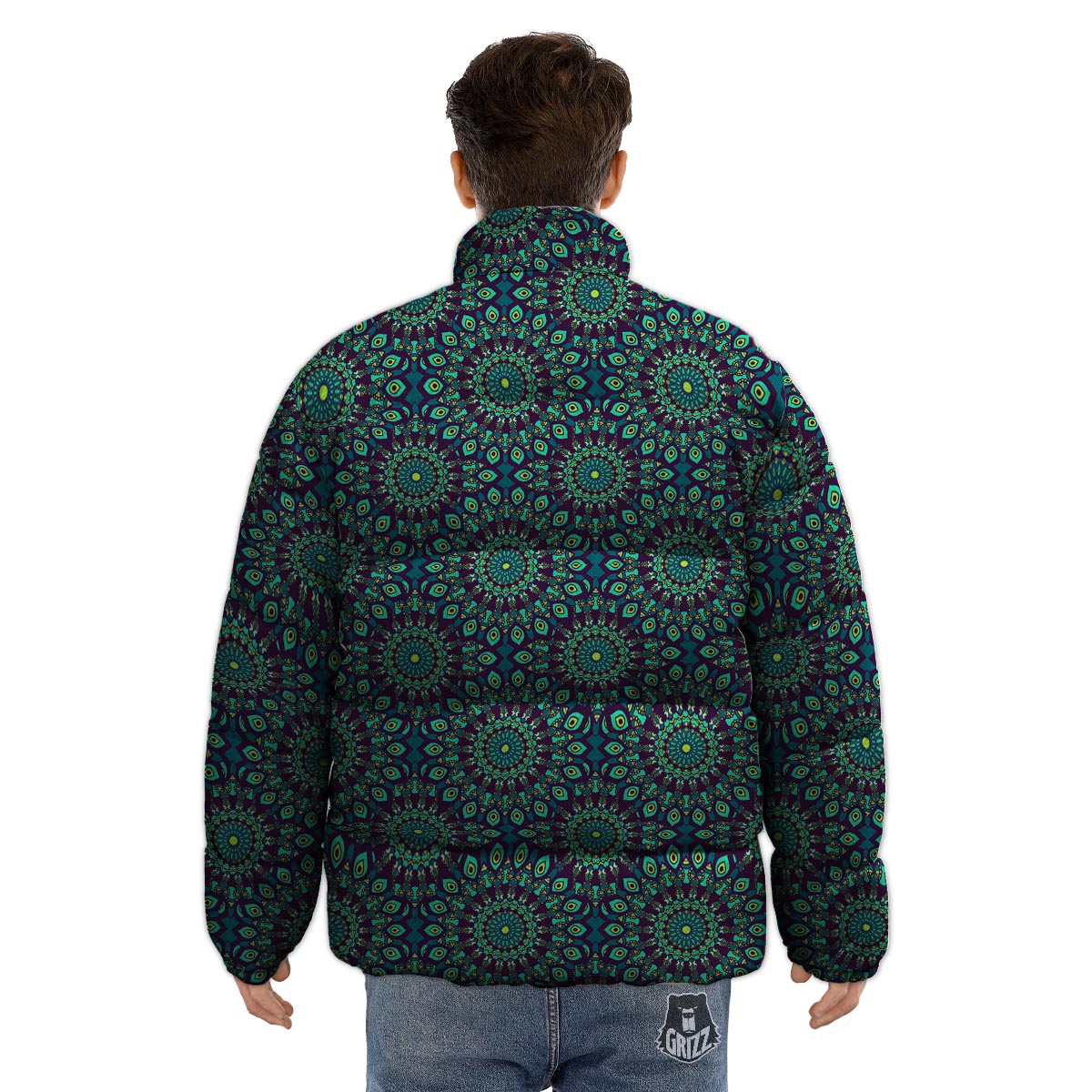 Mandala Teal Bohemian Print Pattern Puffer Jacket-grizzshop