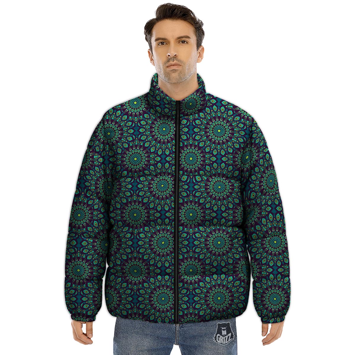 Mandala Teal Bohemian Print Pattern Puffer Jacket-grizzshop