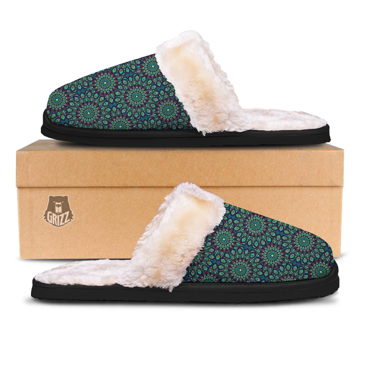 Mandala Teal Bohemian Print Pattern Slippers-grizzshop