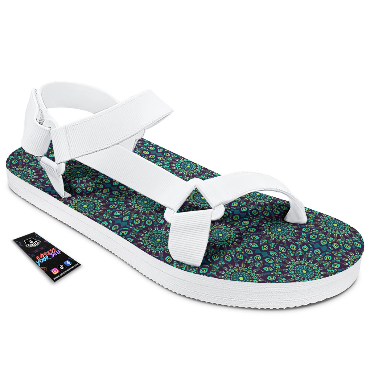 Mandala Teal Bohemian Print Pattern White Open Toe Sandals-grizzshop