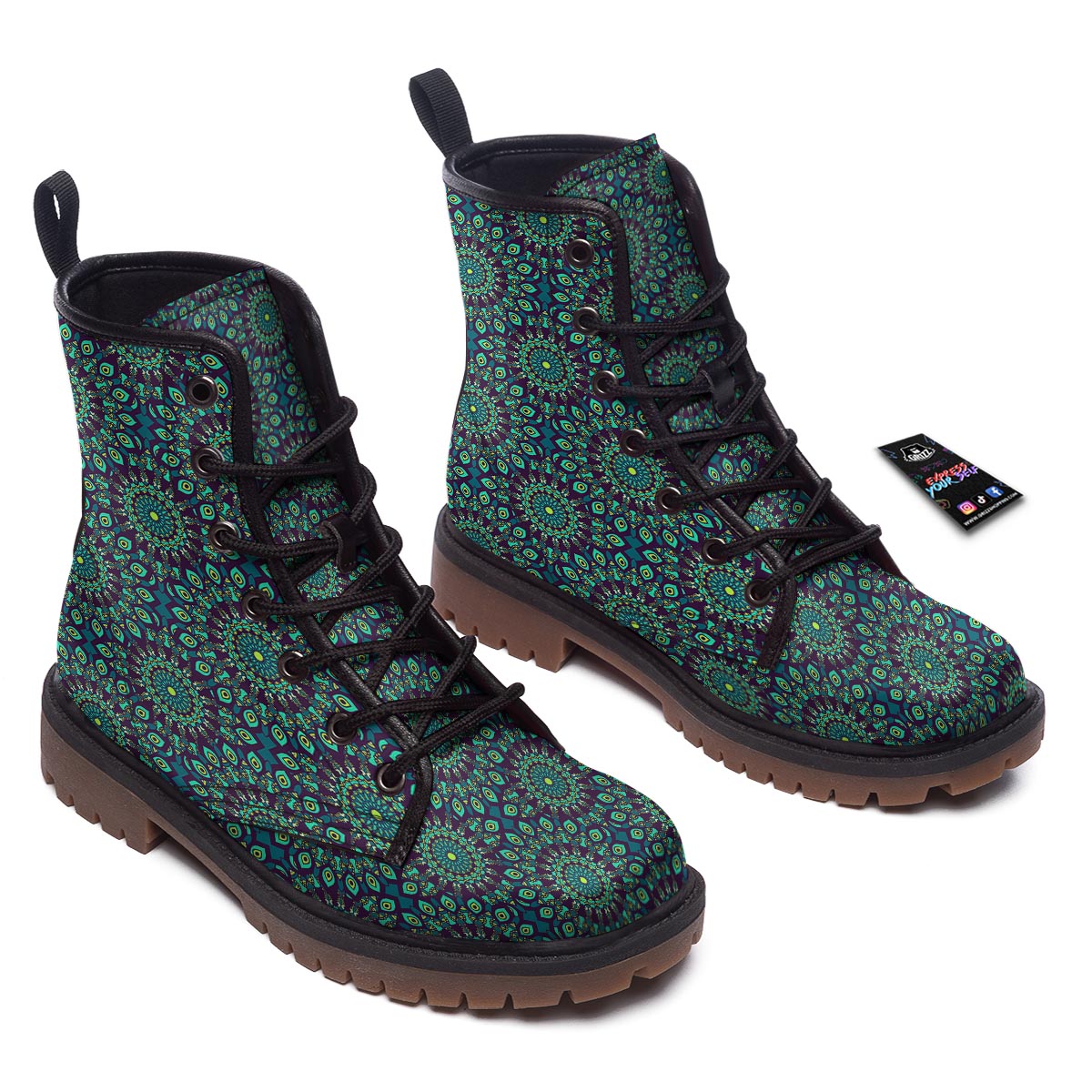Mandala Teal Bohemian Print Pattern Work Boots-grizzshop