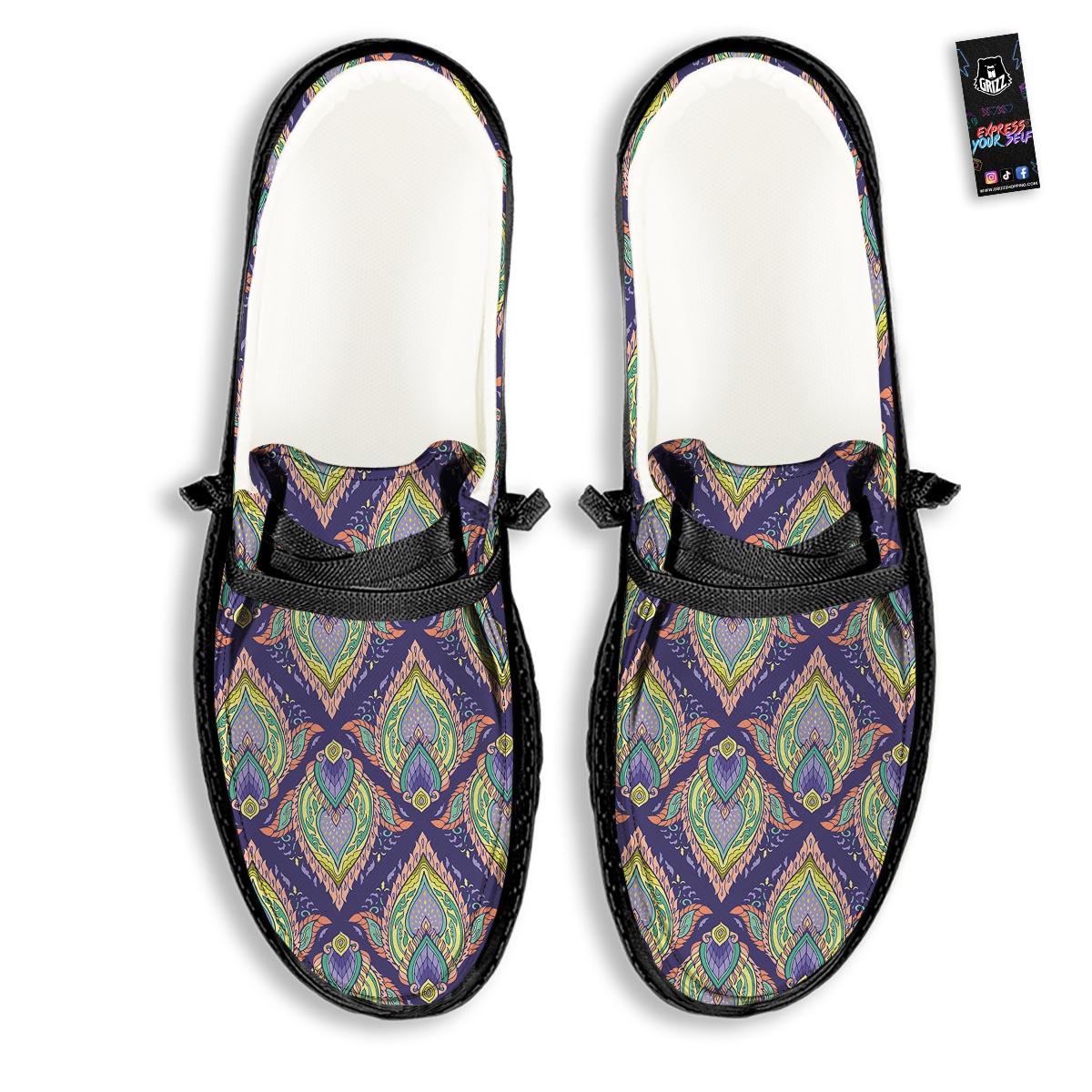 Mandala Thai Print Pattern Black Loafers-grizzshop