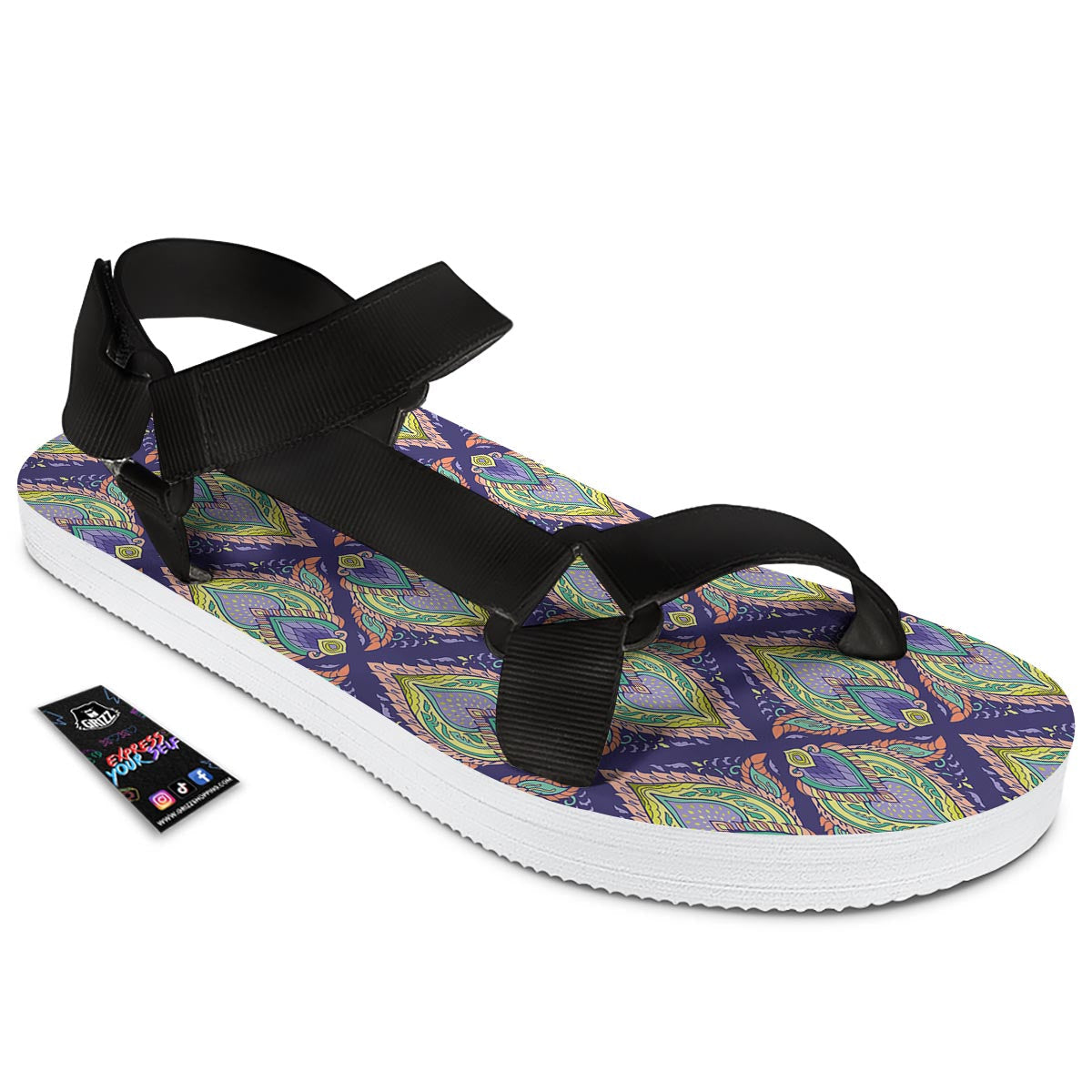 Mandala Thai Print Pattern Black Open Toe Sandals-grizzshop