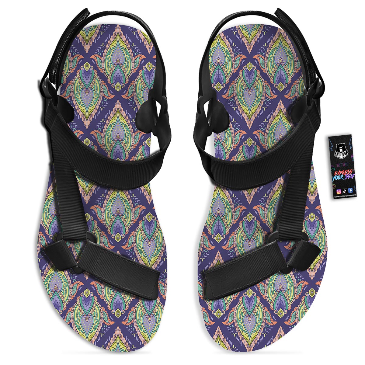 Mandala Thai Print Pattern Black Open Toe Sandals-grizzshop