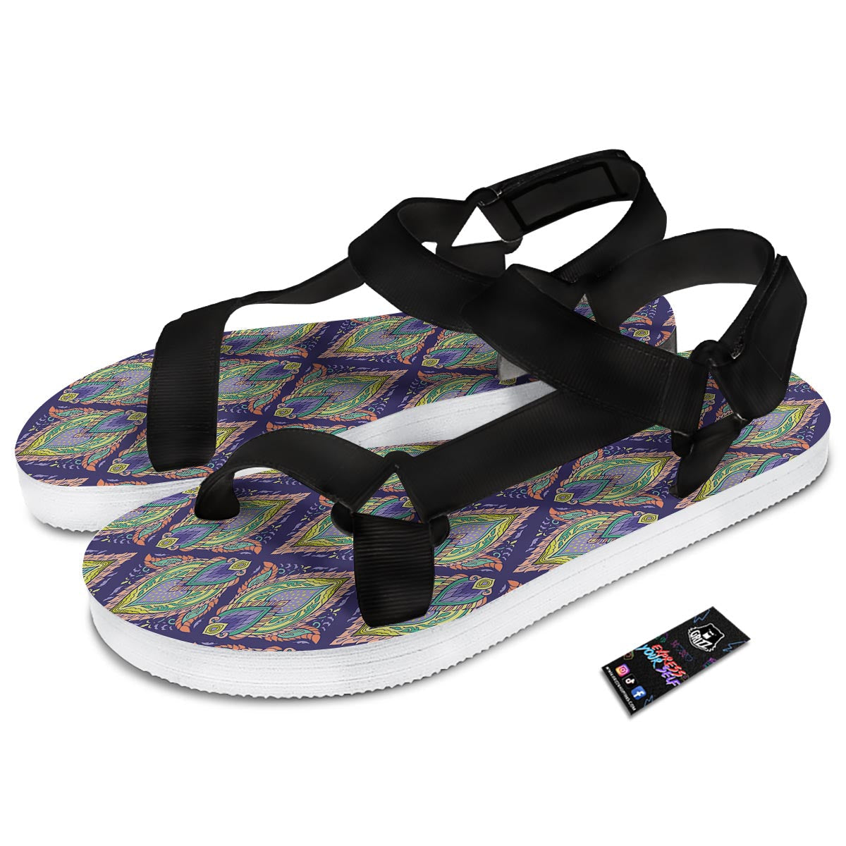 Mandala Thai Print Pattern Black Open Toe Sandals-grizzshop