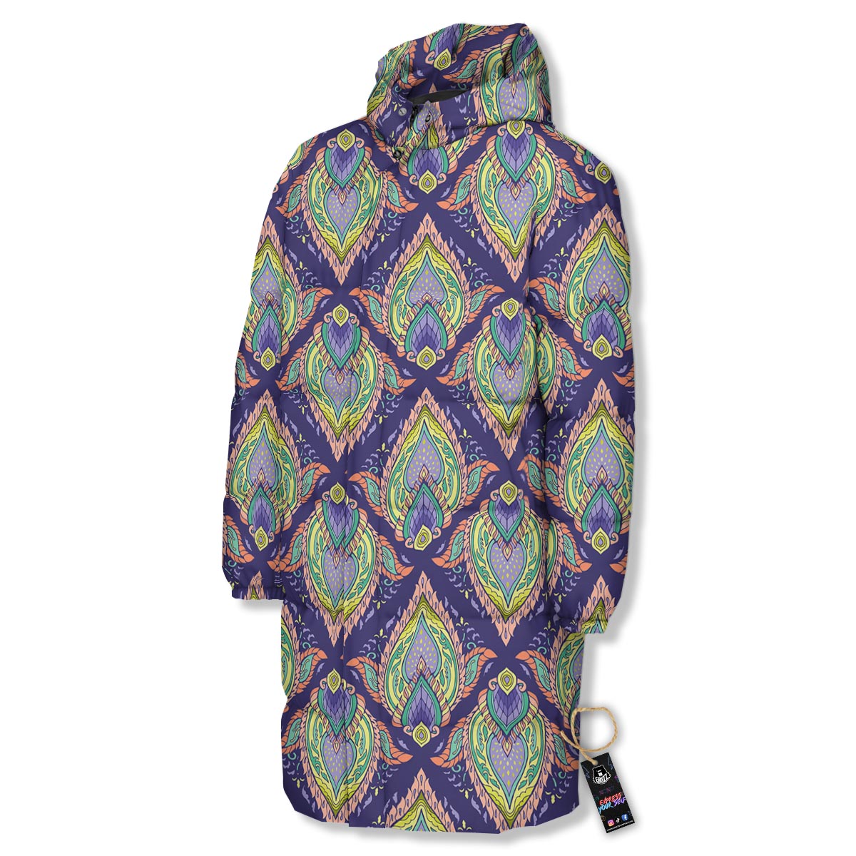 Mandala Thai Print Pattern Long Down Jacket-grizzshop