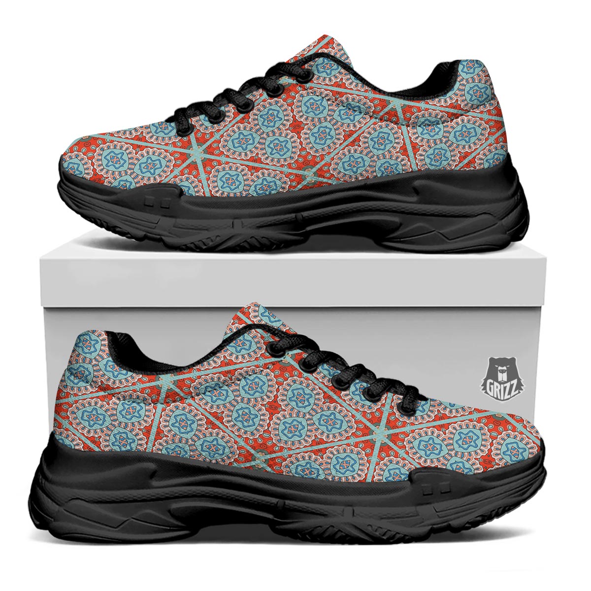 Mandala Triangle Bohemian Print Pattern Black Chunky Shoes-grizzshop