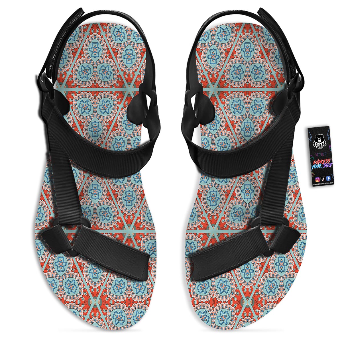 Mandala Triangle Bohemian Print Pattern Black Open Toe Sandals-grizzshop