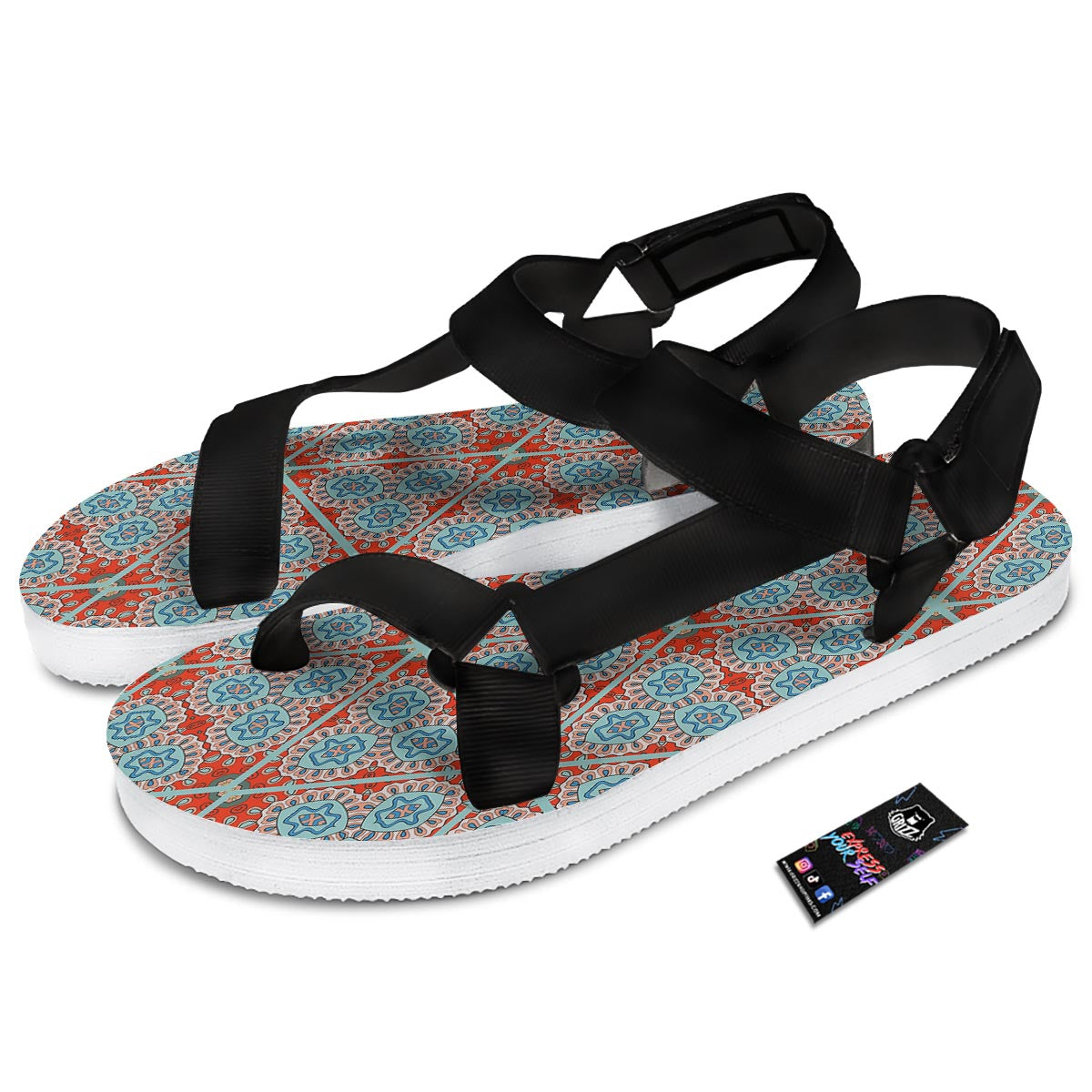 Mandala Triangle Bohemian Print Pattern Black Open Toe Sandals-grizzshop
