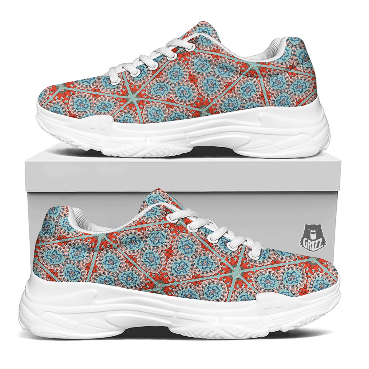Mandala Triangle Bohemian Print Pattern White Chunky Shoes-grizzshop