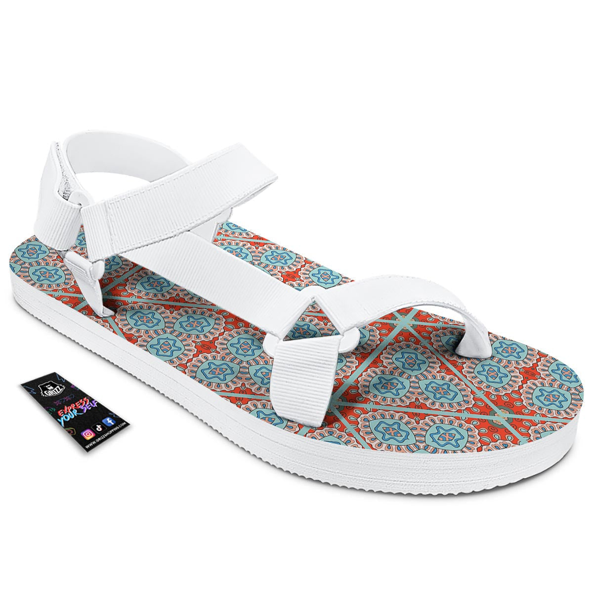 Mandala Triangle Bohemian Print Pattern White Open Toe Sandals-grizzshop