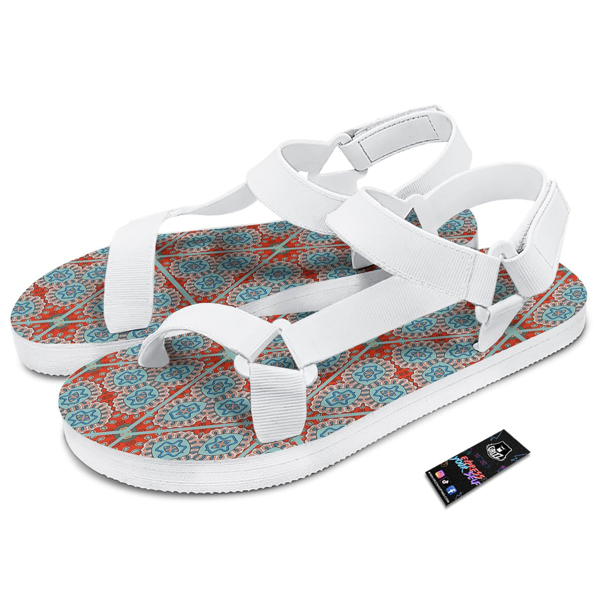 Mandala Triangle Bohemian Print Pattern White Open Toe Sandals-grizzshop