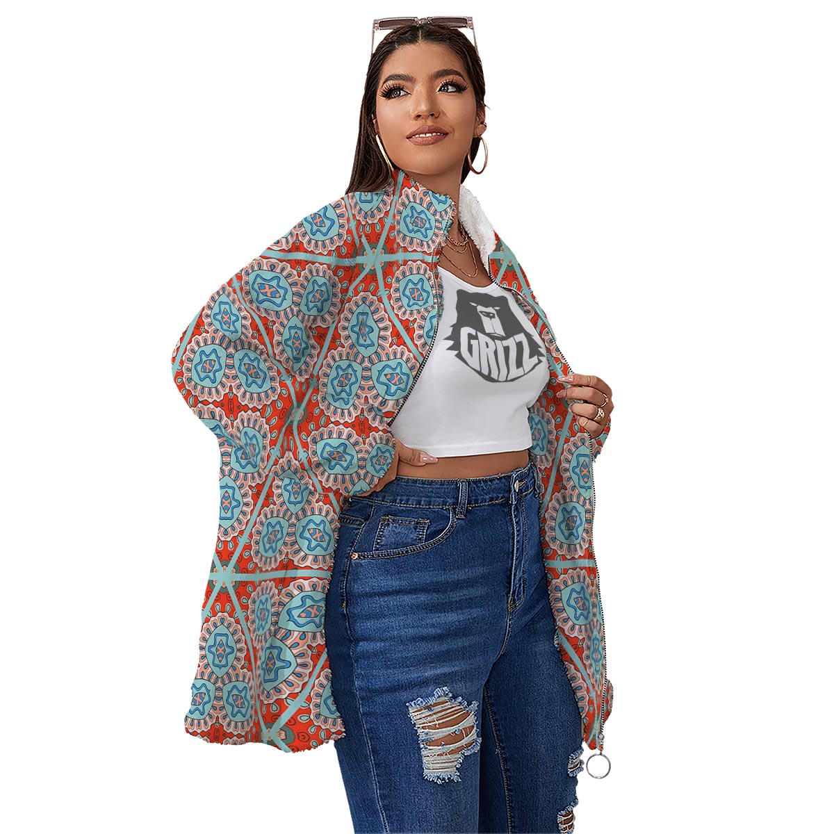 Mandala Triangle Bohemian Print Pattern Women's Sherpa Jacket-grizzshop