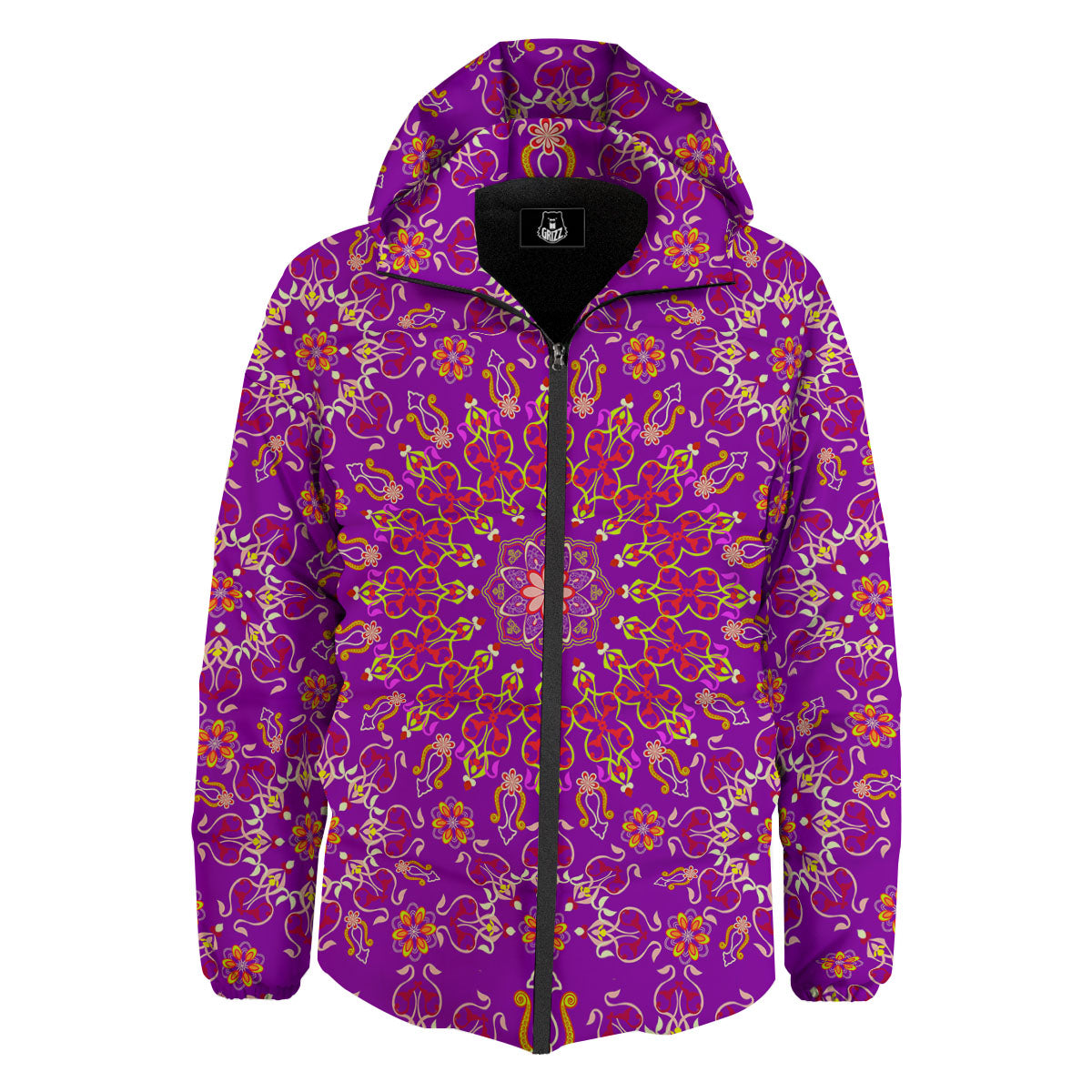 Mandala Trippy Purple Print Down Jacket-grizzshop