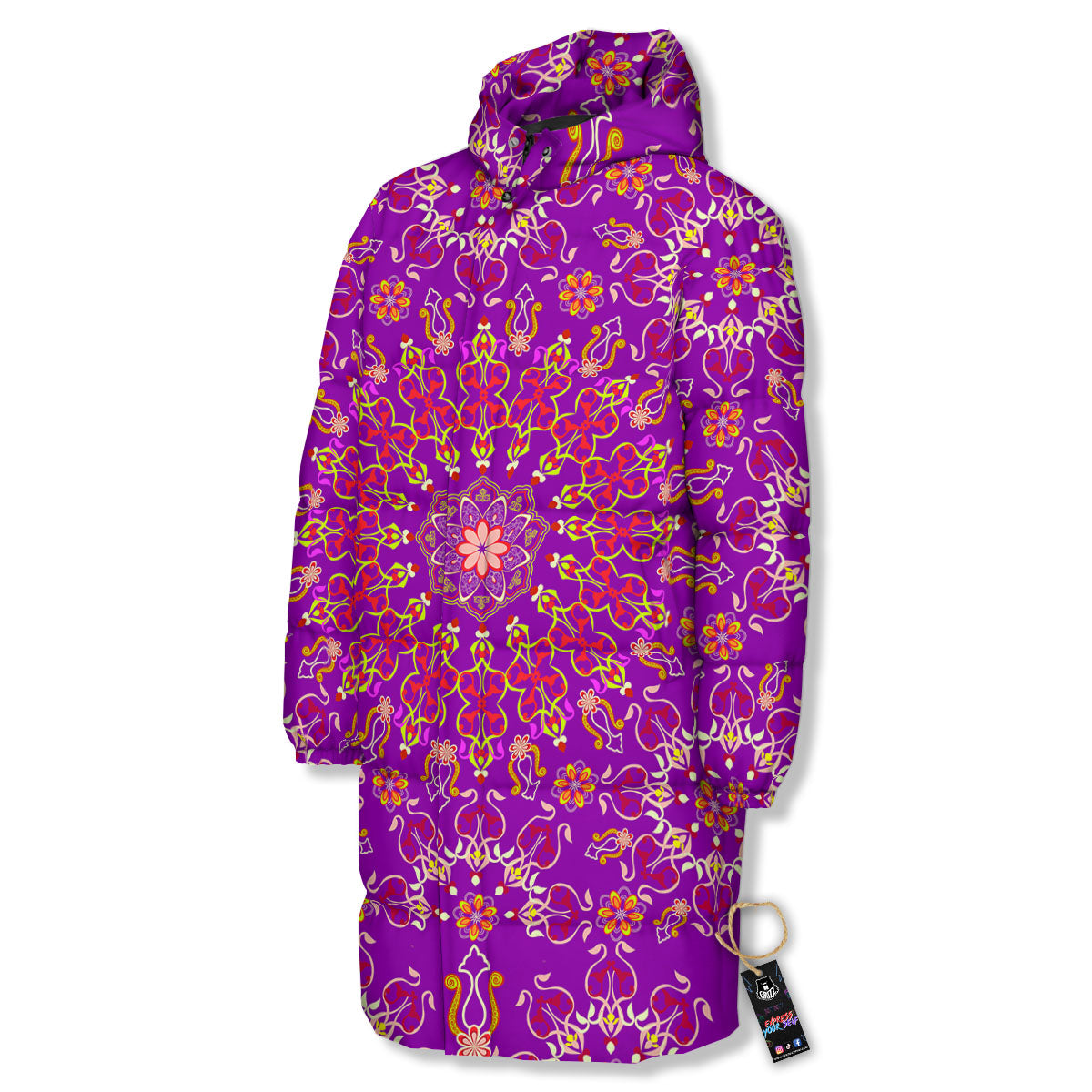 Mandala Trippy Purple Print Long Down Jacket-grizzshop