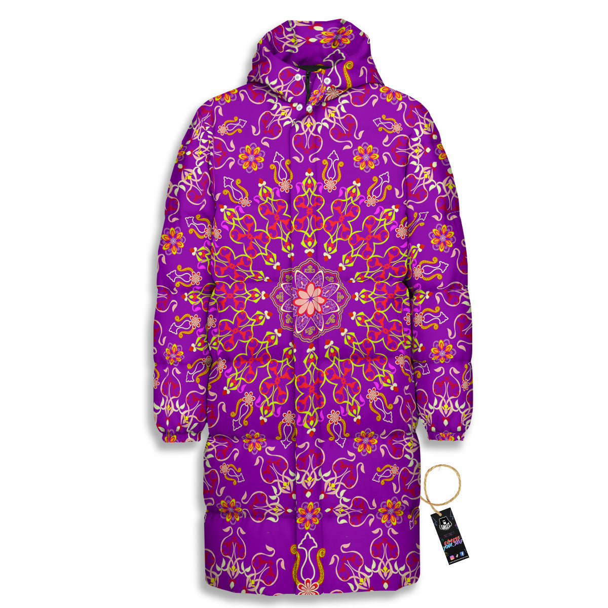 Mandala Trippy Purple Print Long Down Jacket-grizzshop