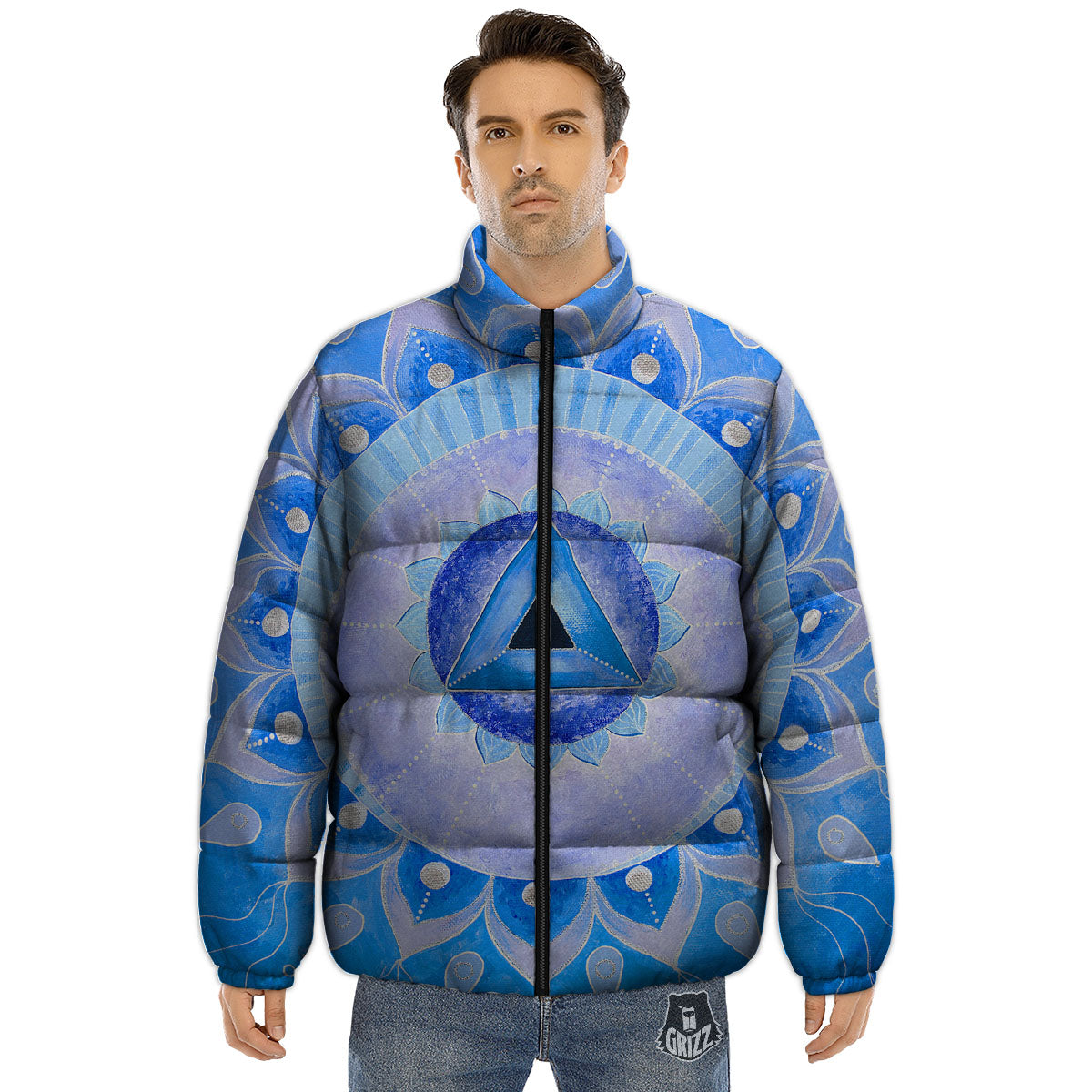 Mandala Vishuddha Chakra Print Puffer Jacket-grizzshop