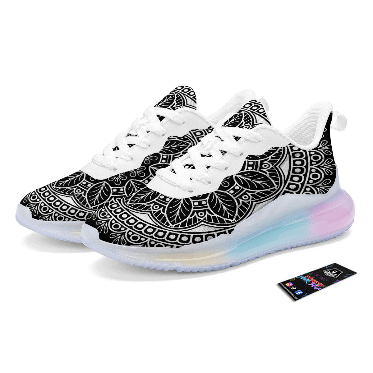 Mandala White And Black Print Running Sneakers-grizzshop