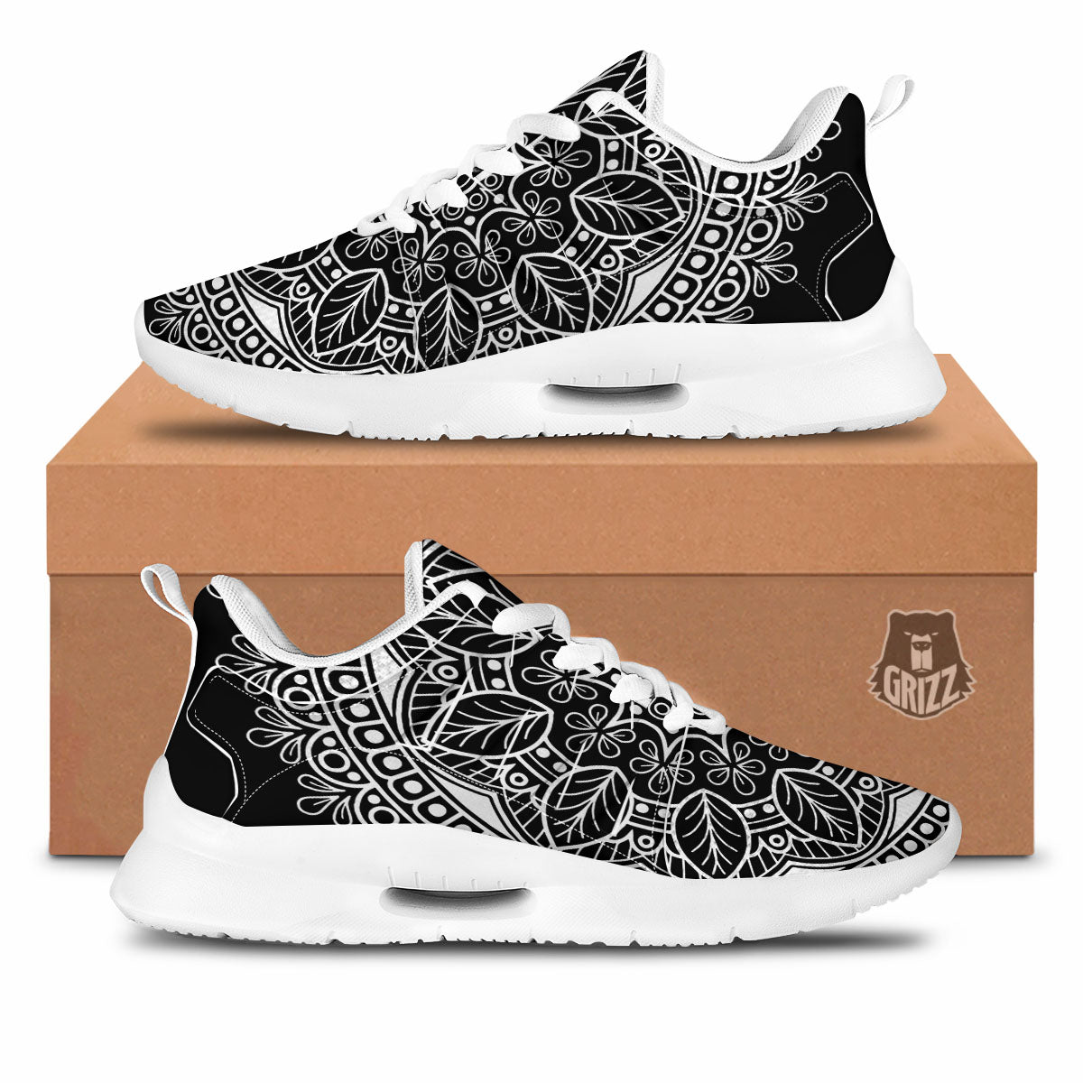 Mandala White And Black Print Tennis Shoes-grizzshop