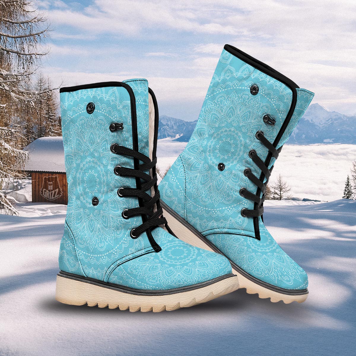 Mandala White And Teal Print Snow Boots-grizzshop