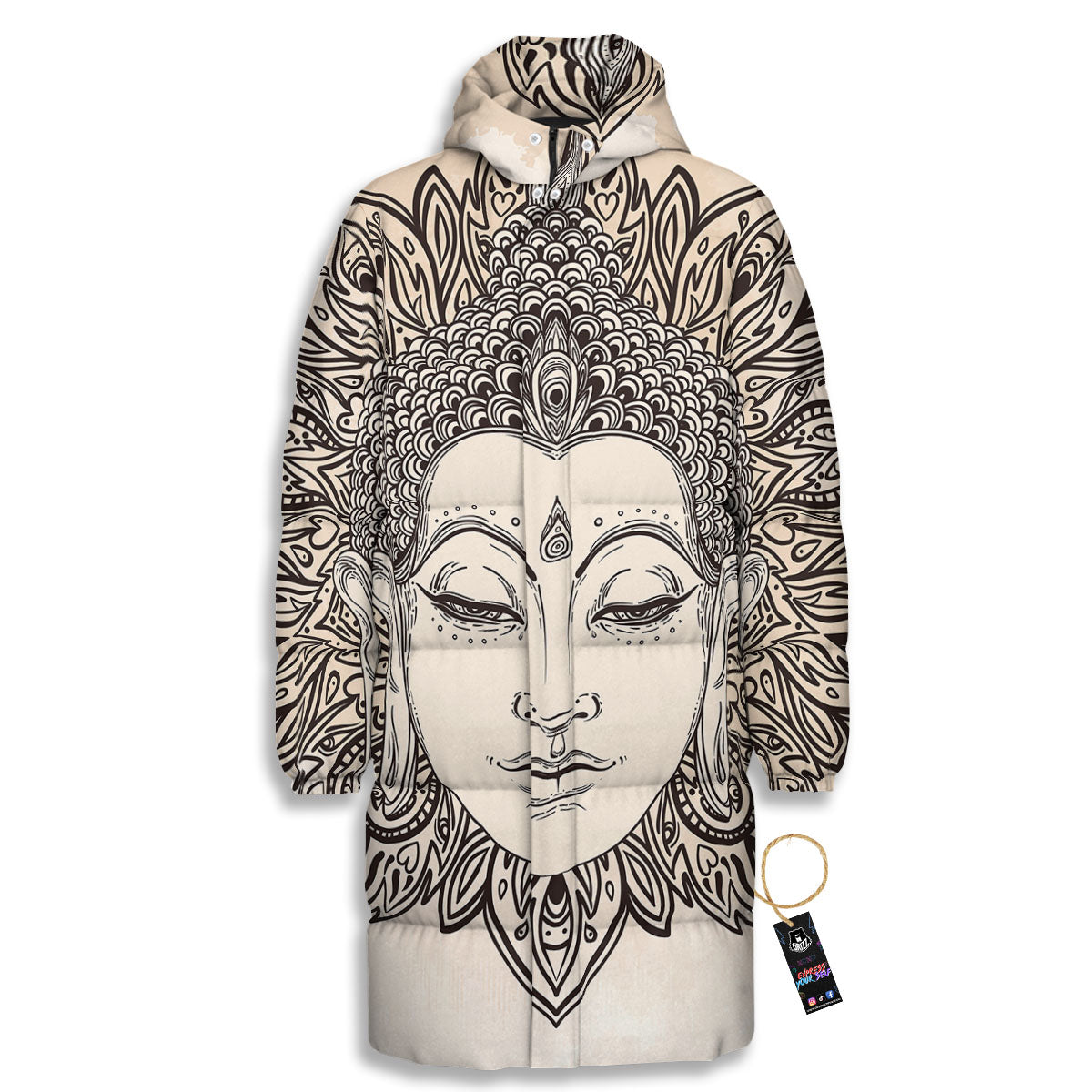 Mandala Buddha Beige Print Long Down Jacket