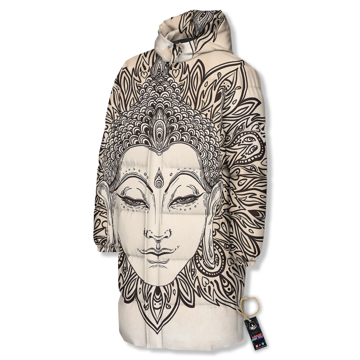 Mandala Buddha Beige Print Long Down Jacket