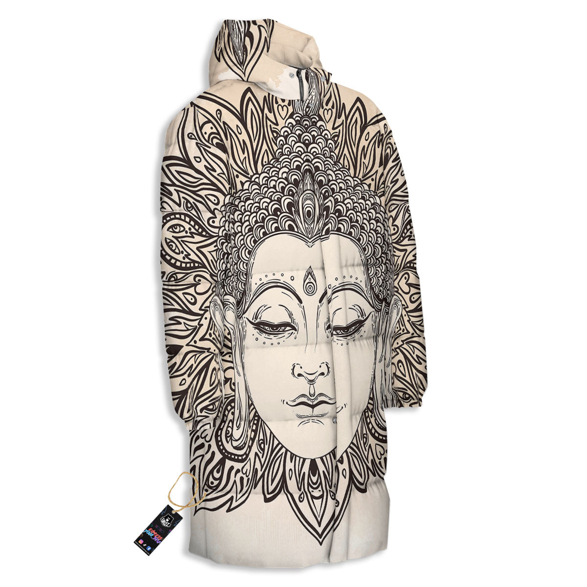 Mandala Buddha Beige Print Long Down Jacket