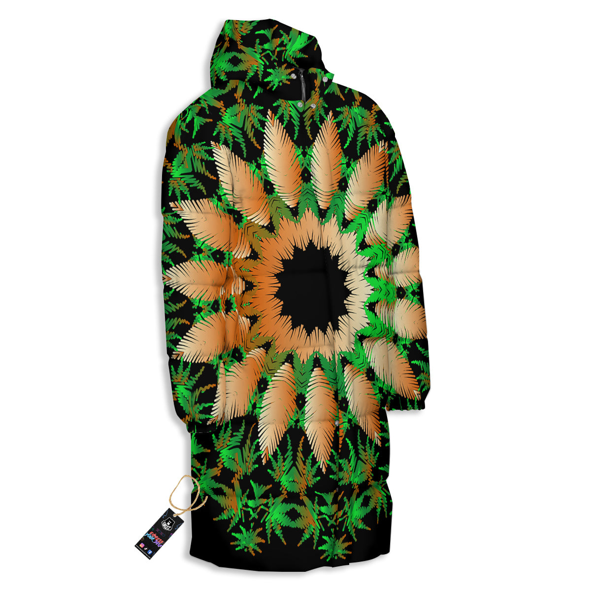 Mandala Cannabis Leaf Print Long Down Jacket