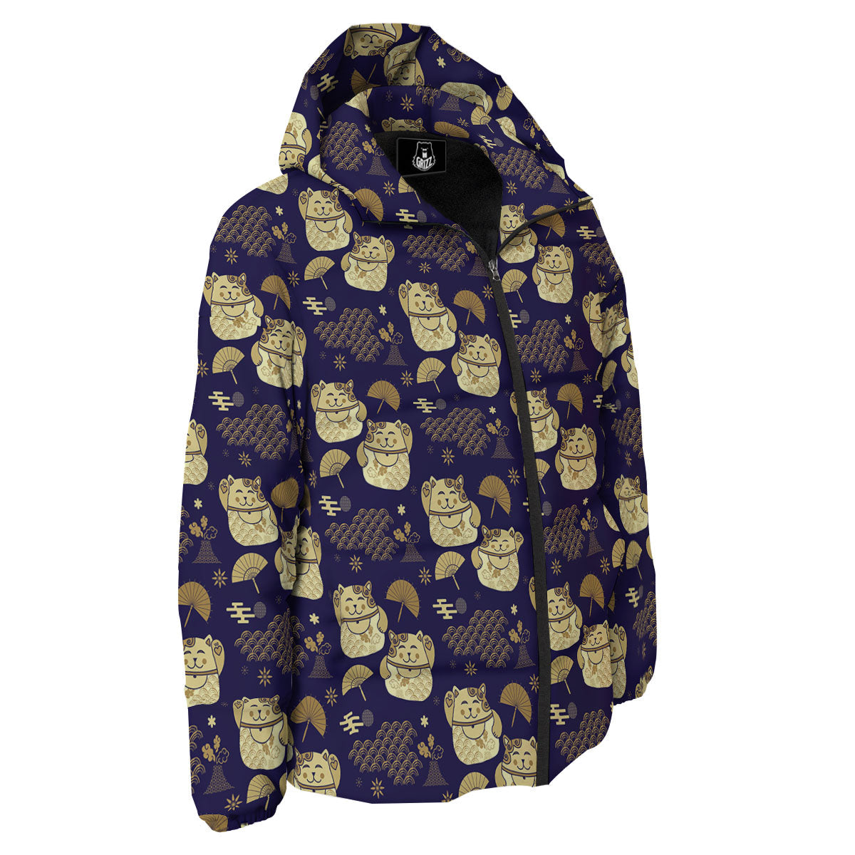 Maneki Neko Cat Japanese Print Pattern Down Jacket-grizzshop