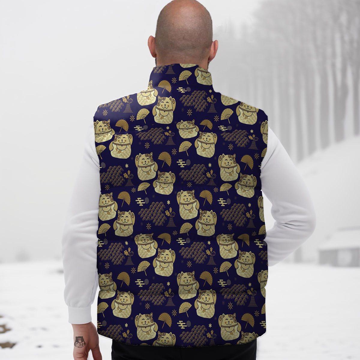 Maneki Neko Cat Japanese Print Pattern Down Vest