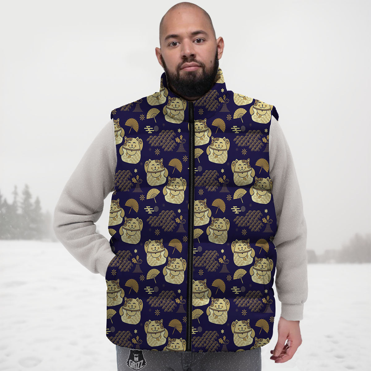 Maneki Neko Cat Japanese Print Pattern Down Vest