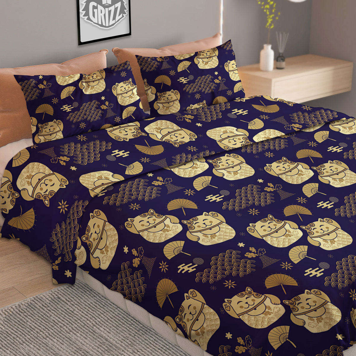 Maneki Neko Cat Japanese Print Pattern Duvet Cover Bedding Set
