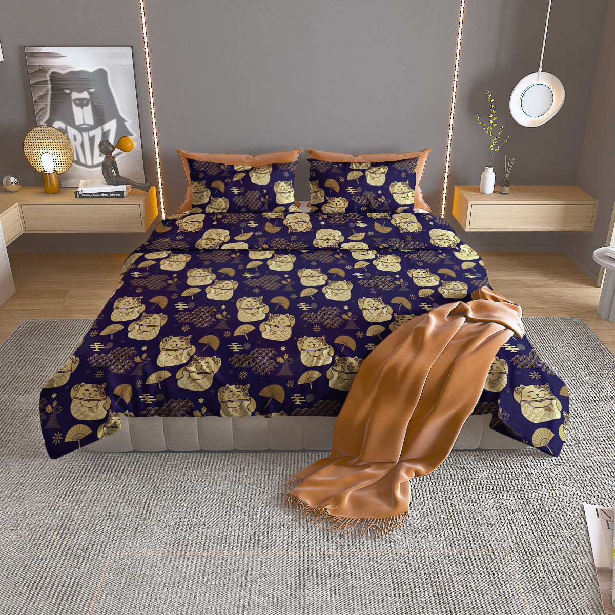 Maneki Neko Cat Japanese Print Pattern Duvet Cover Bedding Set