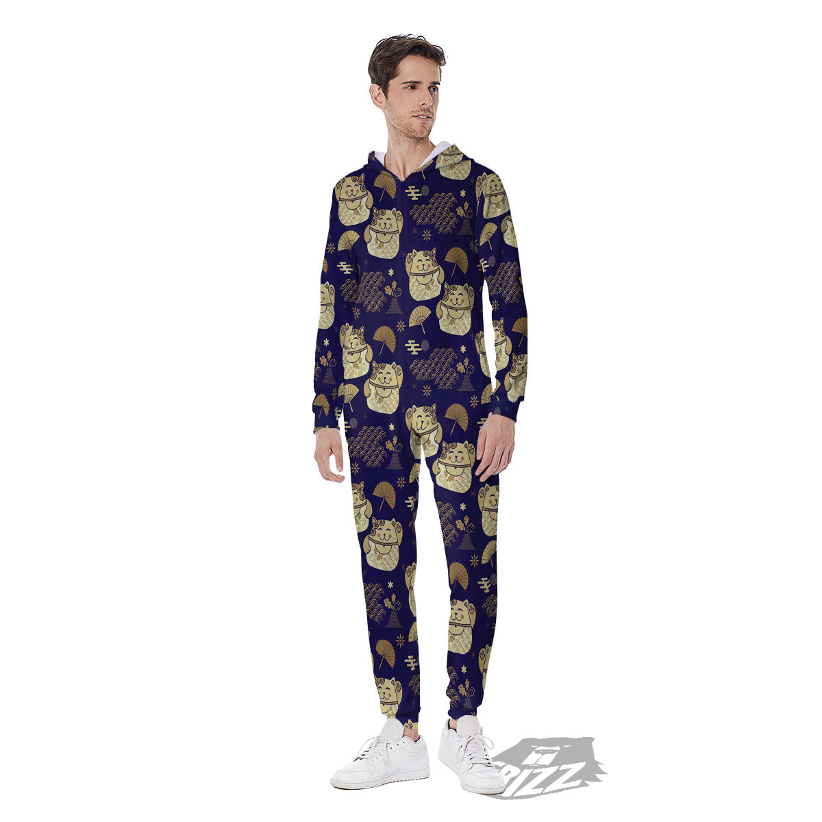 Maneki Neko Cat Japanese Print Pattern Men's Jumpsuit-grizzshop