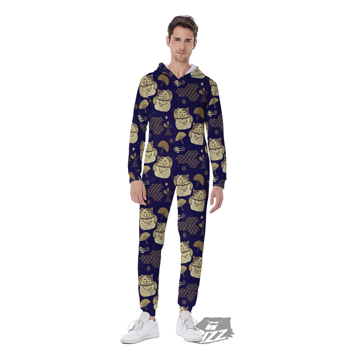 Maneki Neko Cat Japanese Print Pattern Men's Jumpsuit-grizzshop