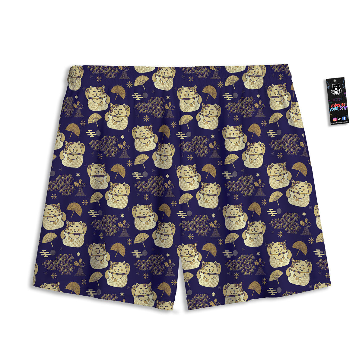 Maneki Neko Cat Japanese Print Pattern Mesh Shorts