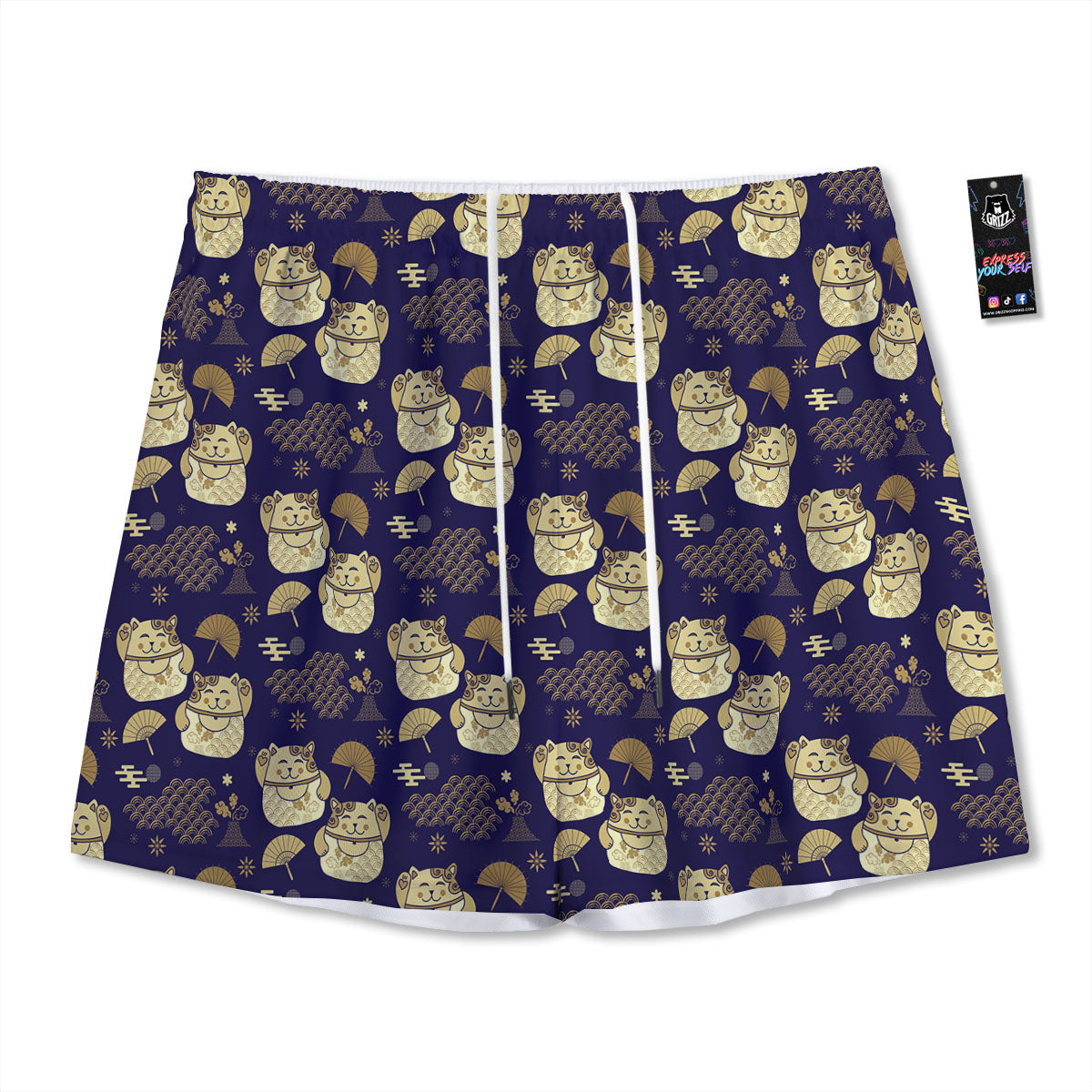 Maneki Neko Cat Japanese Print Pattern Mesh Shorts
