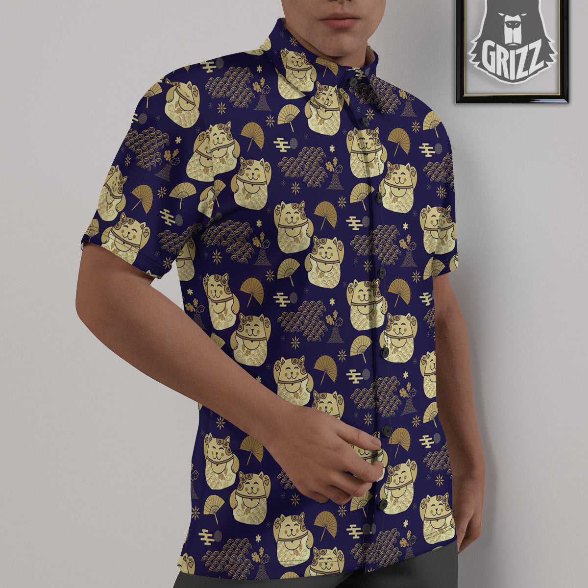 Maneki Neko Cat Japanese Print Pattern Untucked Shirts-grizzshop
