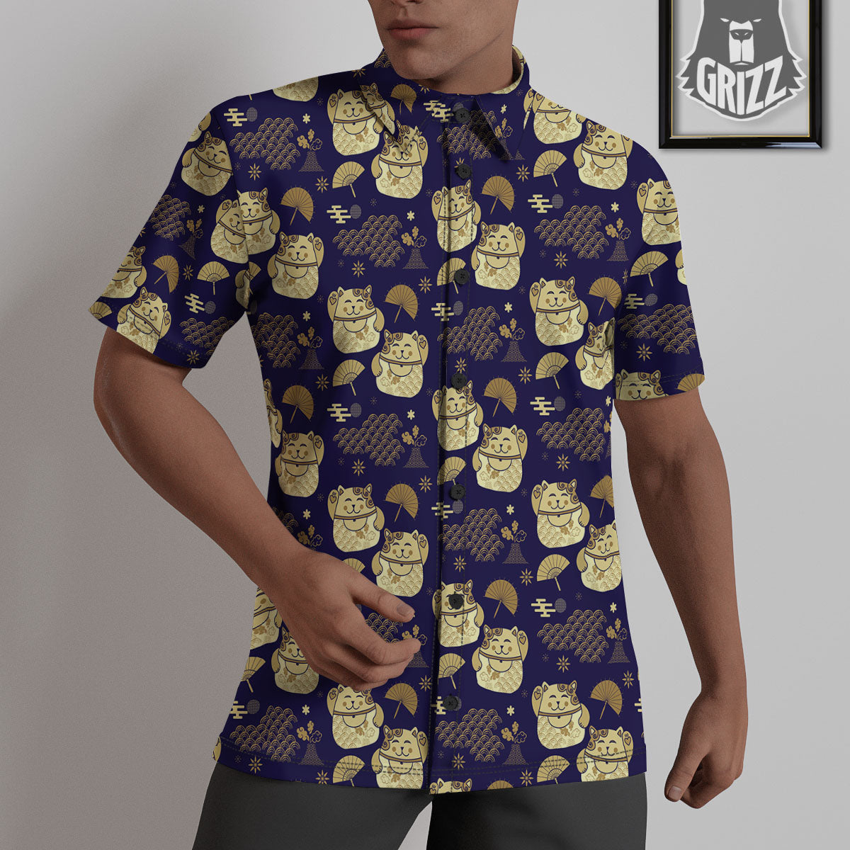 Maneki Neko Cat Japanese Print Pattern Untucked Shirts-grizzshop