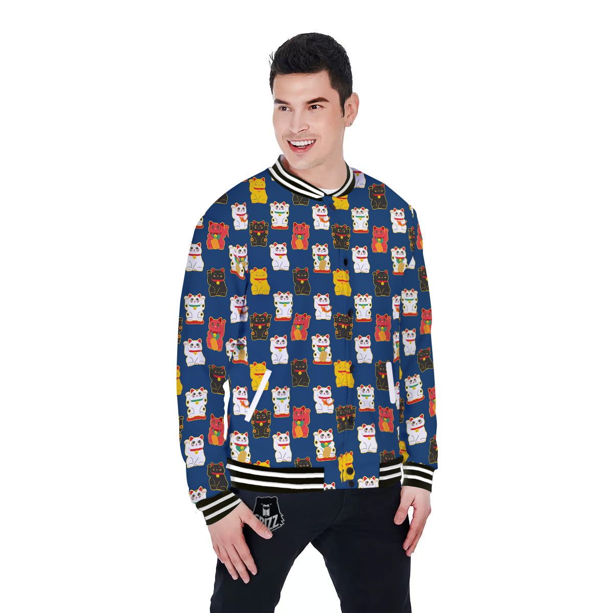 Maneki Neko Colorful Print Pattern Baseball Jacket-grizzshop