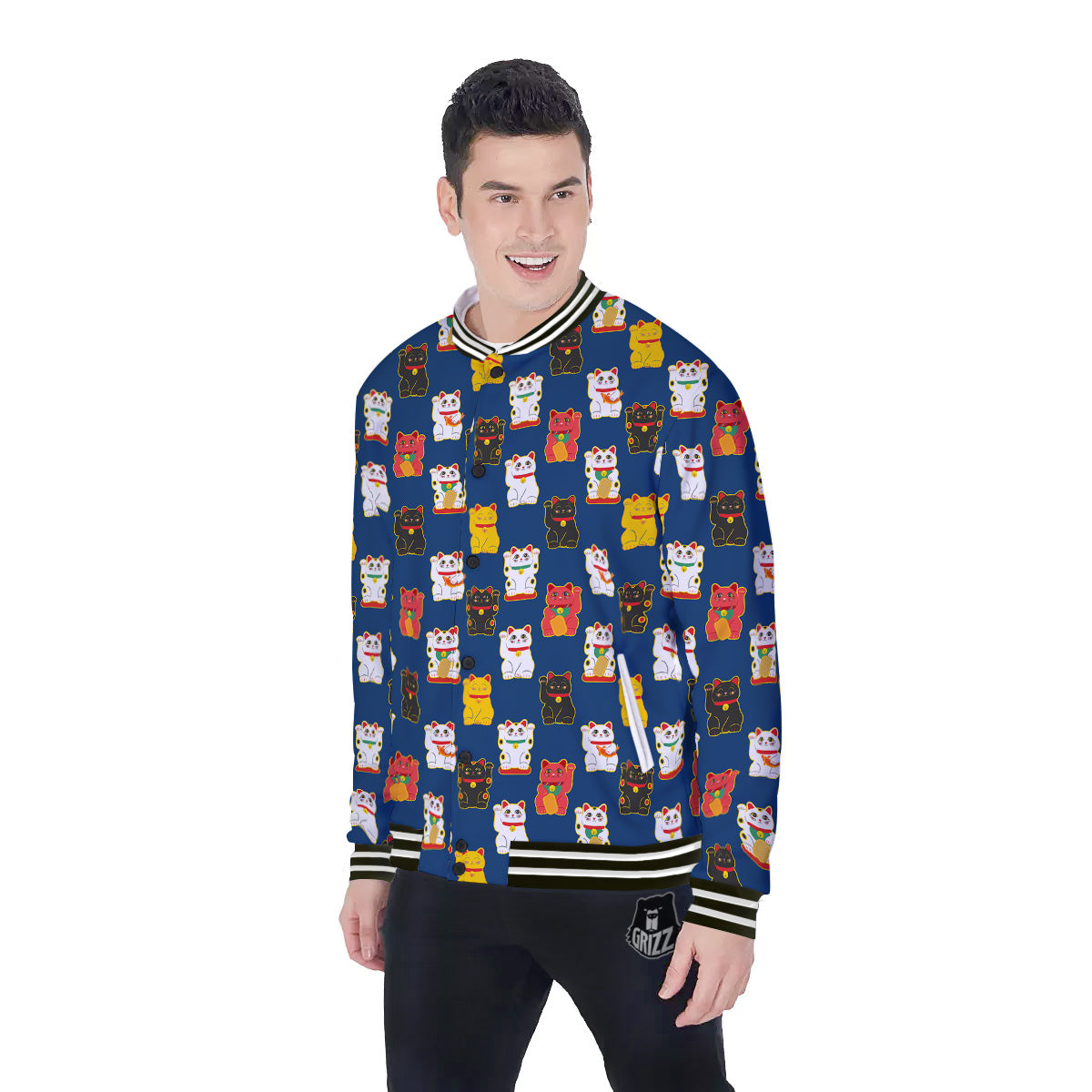 Maneki Neko Colorful Print Pattern Baseball Jacket-grizzshop