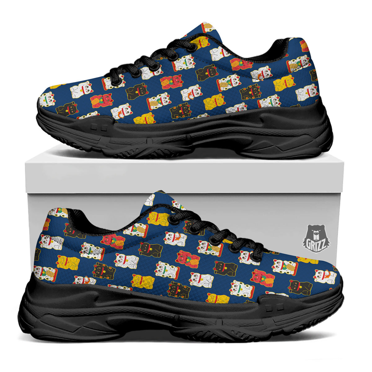 Maneki Neko Colorful Print Pattern Black Chunky Shoes-grizzshop