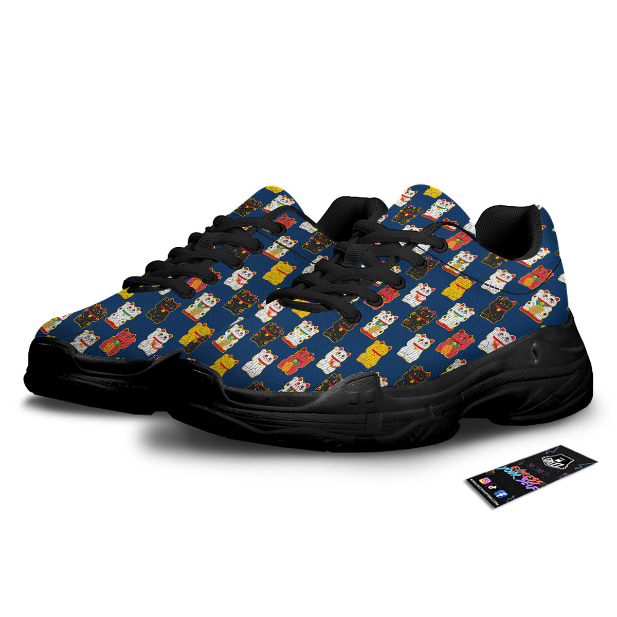 Maneki Neko Colorful Print Pattern Black Chunky Shoes-grizzshop