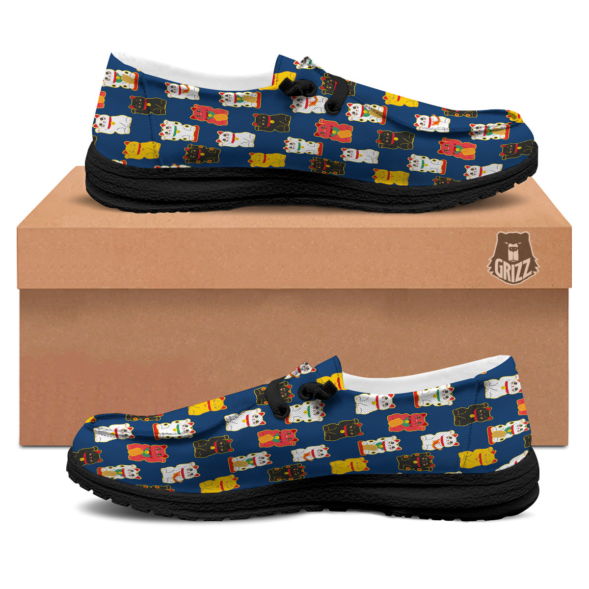 Maneki Neko Colorful Print Pattern Black Loafers-grizzshop